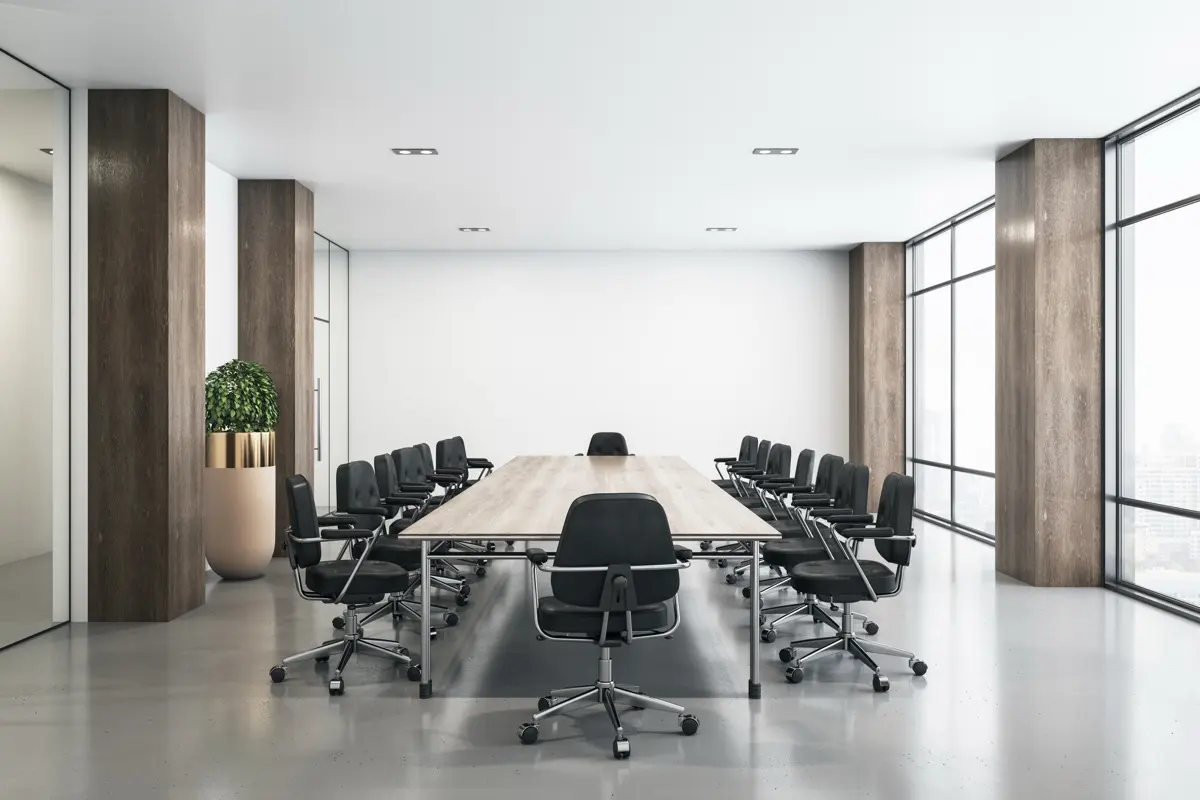 An empty meeting room overlooking the city, where a family council, foundation council or holding company board sits