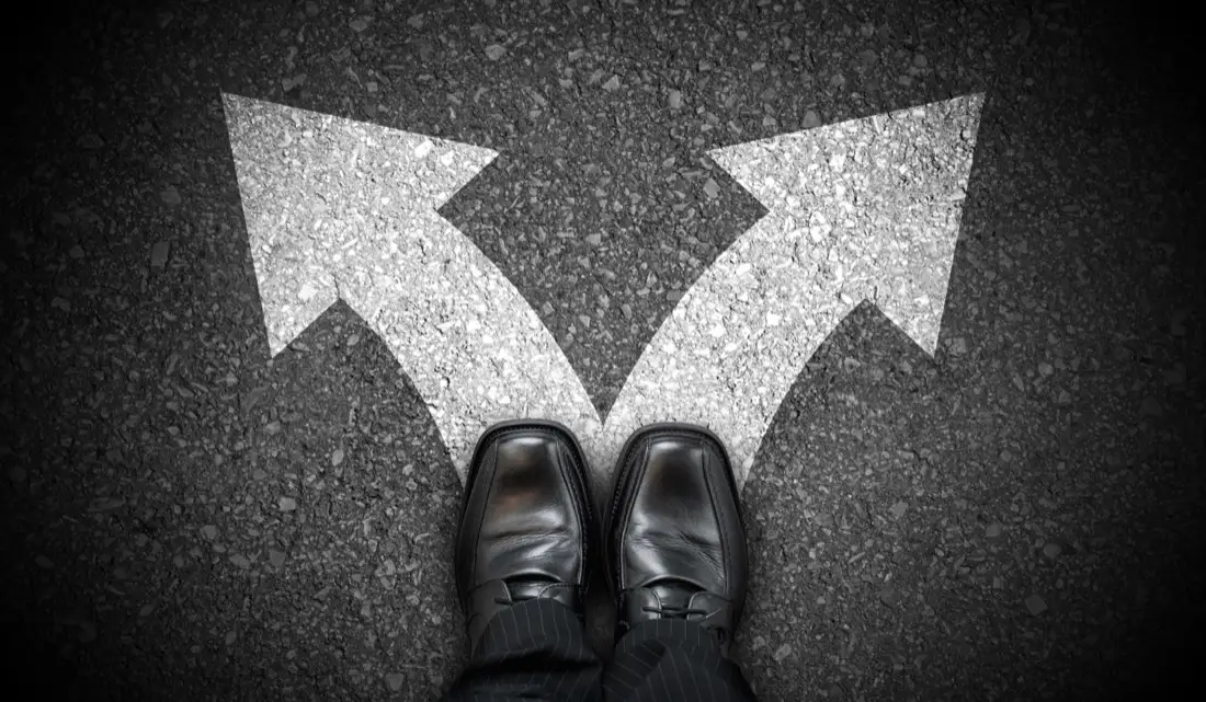 Arrows pointing in different directions on a road, the alternatives a structure choice rules in and out